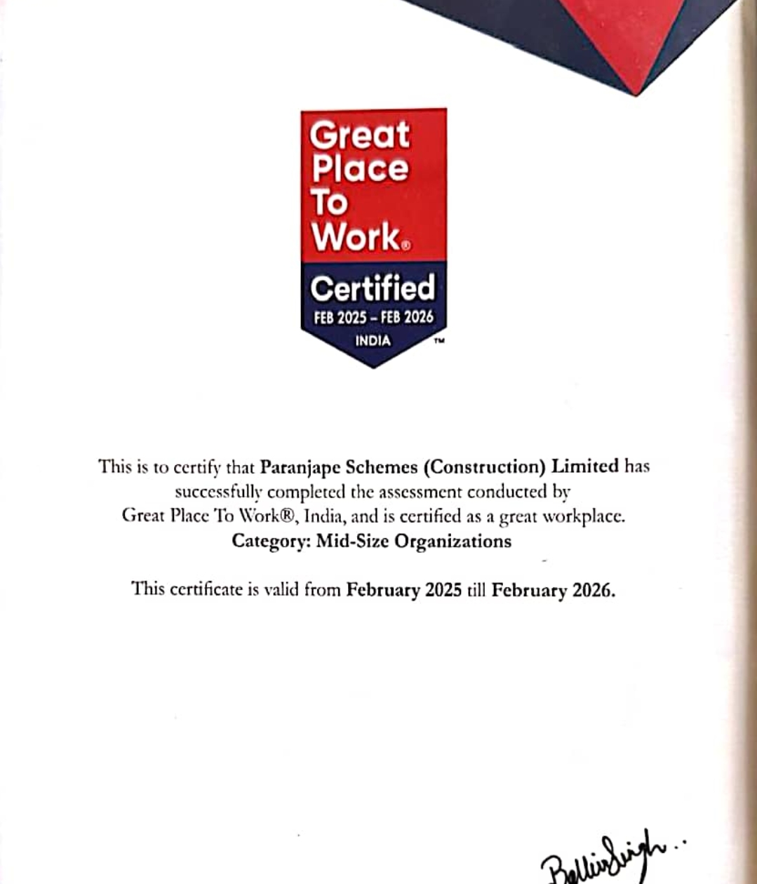 *परांजपे स्कीम्स कन्स्ट्रक्शन लिमिटेडला मिळाले – 